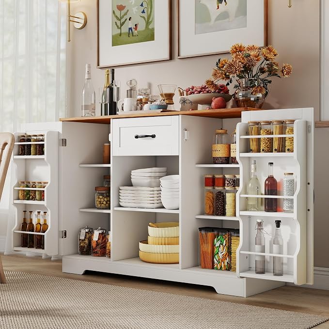 Gizoon 45" Kitchen Sideboard Buffet Cabinet with Storage Coffee Bar Cabinet with Drawer, Kitchen Pantry Storage with Door and Shelves for Bathroom and Living Room, White and Rustic