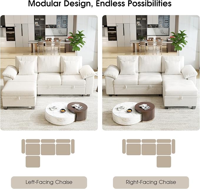 Modular Sectional Sleeper Sofa Bed, 86" Convertible Cloud Couch Bed, L Shaped 4 Seat Pull Out Couch with Storage Ottoman, Sectional Couches for Living Room, Apartment (Beige)