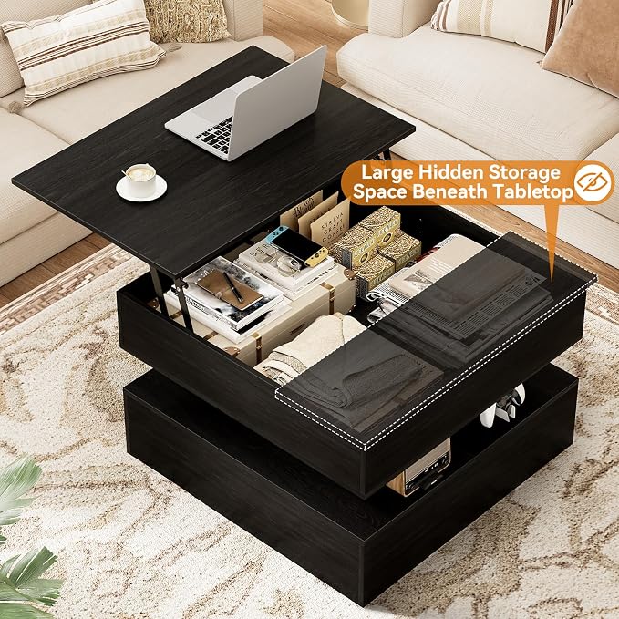 FABATO Lift Top Coffee Table with Storage and Hidden Compartment, Wood Square Coffee Table for Living Room,31.5'' Small Center Table with Open Display Shelf for Dining Reception Room, Black