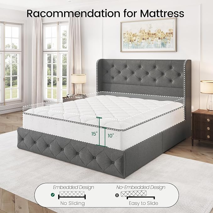 LARMACE Full Size Bed Frame with 4 Storage Drawers and 47.2" Tall Wingback Headboard Linen Upholstered Platform Bed Frame Tufted Beds with Wooden Slats Support, Easy Assembly, Light Grey