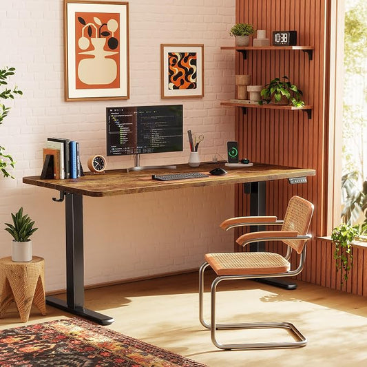 Huuger Electric Standing Desk with Power Outlets and USB-C Port, 55 X 24 Inch Height Adjustable Desk, Sit Stand Desk for Home Office, Computer & Gaming Desk with 4 Presets, Rustic Brown