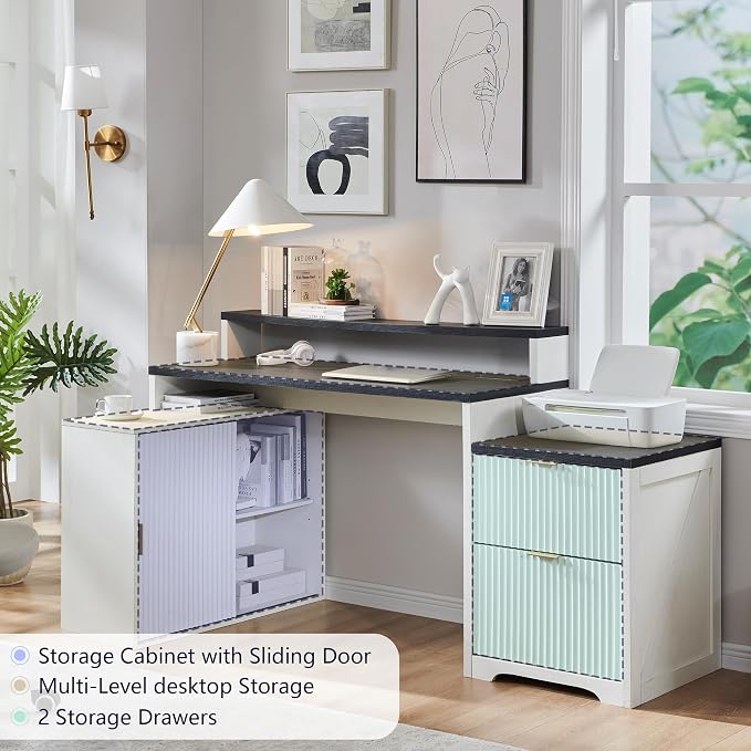 67"Fluted Desk with Cabinet & 2 Drawers, Modern Office Desk Built‑in Outlet | Wood Home Office Desk, storage cabinet with sliding doors, Fluted Computer Writing Desk, Antique White