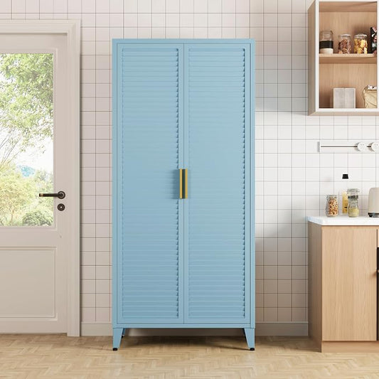 61" Tall Blue Kitchen Pantry Cabinet, Farmhouse Metal Pantry Storage Cabinets, with 2 Louvered Door and 3 Adjustable Shelves, Multipurpose Storage Organizer, for Home, Entryway, Kids Room