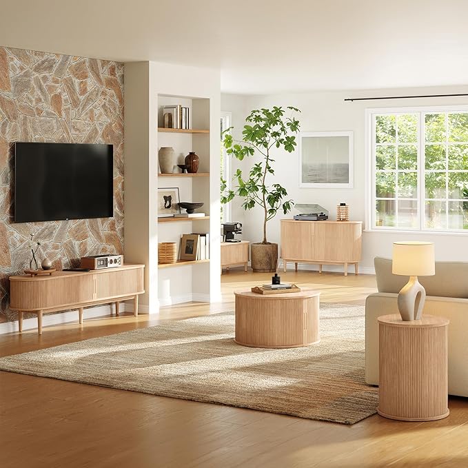 LINSY HOME Round Coffee Table, 31.5" Drum Coffee Table with Sliding Tambour Door, Fluted Accent Center Table with Storage, Mid Century Modern Coffee Table for Living Room, Oak