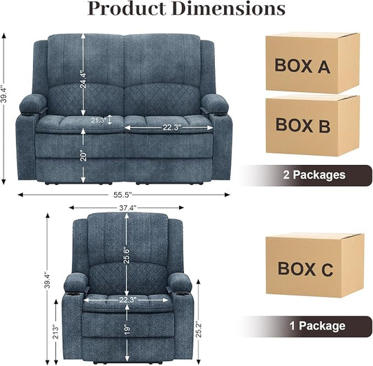 Yolsali Fabric Loveseat Recliner Sofa Set with 2-Tier Cushion, 2+1 Pieces in Living Room, 2 Seater Reclining Loveseat with Removable Console, 1 Oversize Recliner Chair Sofa Seat - Blue