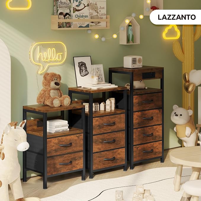 Lazzanto NightStand Bedside Charging Table Bedroom - Night Stand with Charger Station, Modern Nightstand with Open Shelf & 4 Fabric Drawers, Bed Side Table with USB-C USB Ports & AC Outlets for Dorm