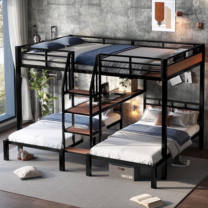 Queen Over Twin Over Twin Metal Bunk Bed, Triple Metal Bunk Bed with Storage Shelves and Wide Storage Stairs for Kids & Adults (Black, Queen Over Twin Over Twin)