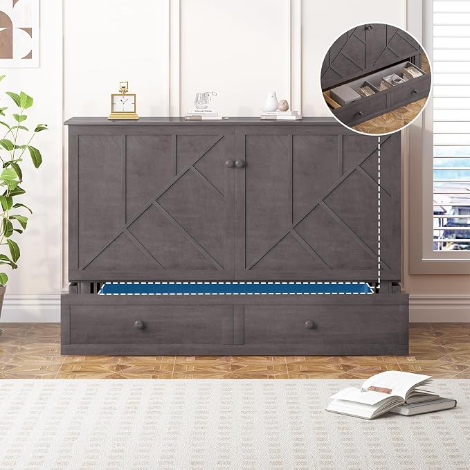 PUREMIND Murphy Bed Queen with Mattress Included, Hideaway Wallbed Cabinet Bed with 2 Storage Drawers, USB Charging Ports & Headboard, Space-Saving Chest Beds for Home, Guest Room, Gray
