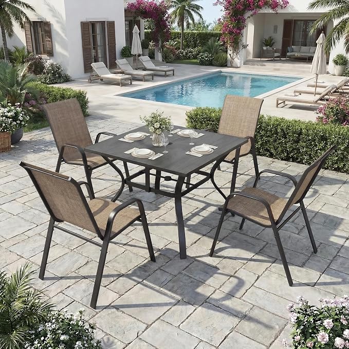 Outdoor Dining Set for 6, 7pcs Patio Table and Chairs Set with Adjustable Umbrella Hole,Heavy Duty 63”x37.8” Metal Dining Table and Stackable Patio Chair for Yard, Garden, Porch