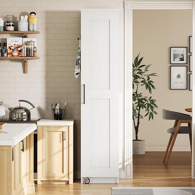 IRONCK Narrow Kitchen Pantry Storage Cabinet, 72" Slim Single Door with 6 Adjustable Shelves, Door Rack and Wheels, Space Saving Freestanding Storage Floor Cabinet for Small Place, White