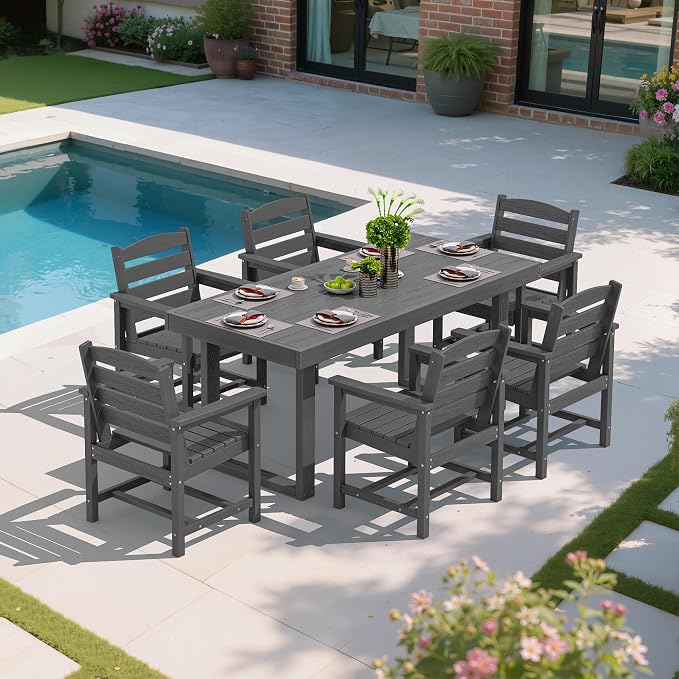 SERWALL HDPE Outdoor Dining Set for 6, 67'' Patio Table and Chairs Set | with Armchair Seat