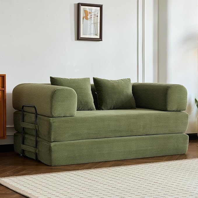 ZEIINPA 59“ Convertible Floor Sofa Bed, 5-in-1 Futon Sofa Bed Pull Out Sleeper Couch, Modern Corduroy Compressed Loveseat, Modular Boneless Couches for Living Room, No Assembly Required, Green