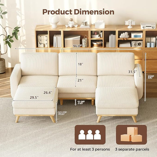 Vesgantti 97" Modular Sectional Sofa Beige, U-Shaped Couch with Movable Ottoman, Comfy Corduroy Couch with Spring Cushion, Modular Sofa with Deep Seat for Living Room, Bedroom and Apartment
