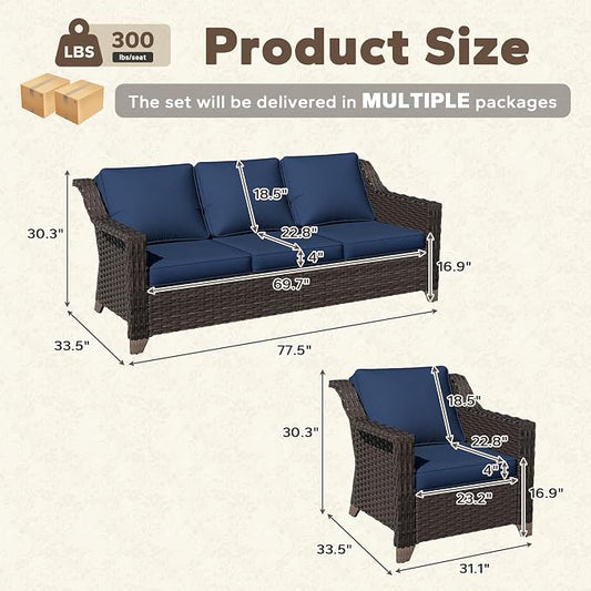 5 Pieces Patio Conversation Furniture Set - 1 Sofa, 4 Armchairs, Outdoor Wicker Furniture with Removable Cushions for Porch, Balcony, Sunroom (Blue)