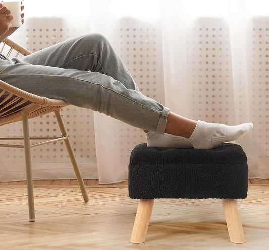 OGEMXU Storage Ottoman, Small Foot Stool Ottoman with Storage, Boucle Teddy Velvet Foot Rest with Padded Seat, Sturdy Wood Legs Stool for Living Room, Bedroom, Couch, Enterway (Black)