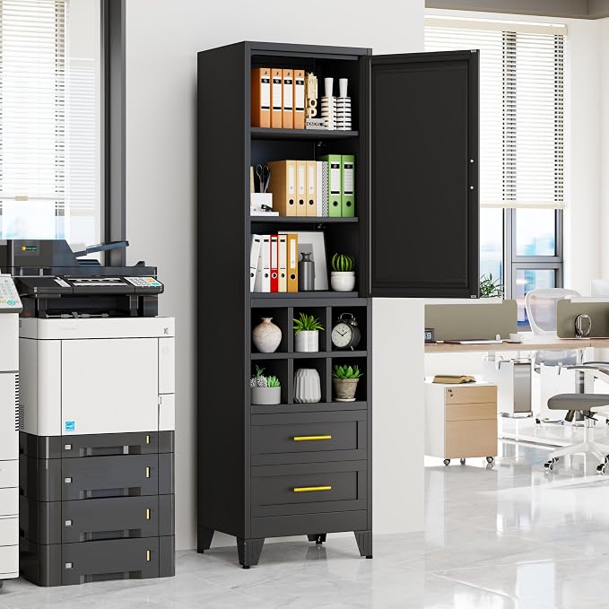 Tall Metal Narrow Storage Cabinet 67" H with 2 Drawer,Black Kitchen Pantry Cabinets with 2 Adjustable Shelves and Door,Cuby Storage Orgainzer,Tall Bathroom Cabinet for Kitchen, Home Office,Dining Room