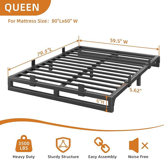 Queen Bed Frame, 6 Inch Metal Platform Bed Frames with Squeak Free U-Slot Design, 6 Non-Slip Guards, 3500lbs Heavy Duty Steel Slat Support, No Box Spring Needed, Under Bed Storage, Black