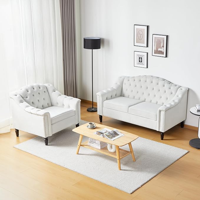 LEVNARY Chesterfield Loveseat Velvet, Upholstered Sofa with Button-Tufted Back, Mid-Century Modern Sofa with Solid Wood Legs, 2 Seater Couches for Living Room (White)