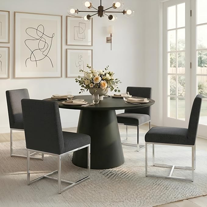 HNY Modern Dining Chairs Set of 4, Upholstered Linen Dining Room Chairs with Ergonomic Back & Polished Silver Metal Frame for Home, Kitchen, Apartment, Charcoal Black