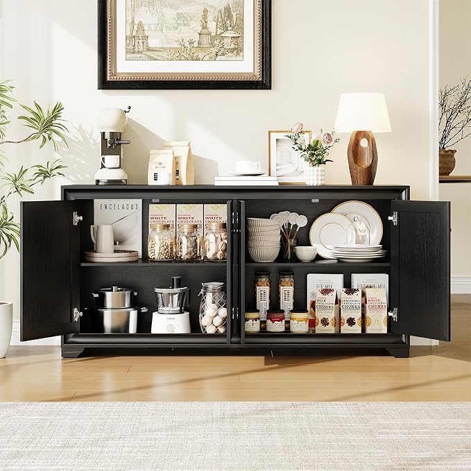 ONBRILL 60" Buffet Cabinet with Storage, 4 Doors Sideboard Buffet Cabinet with Adjustable Shelves, Modern Coffee Bar Console Table for Living Room, Kitchen, Entryway, Black