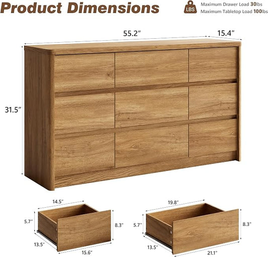 NowMais 3 Pieces of Dresser and Nightstand Set,55 Inch Width 9-Drawer Dresser & 2-Drawer Nightstands Set of 2,Nightstand with USB&Type C Charging Station&Outlets, Modern Design for Bedroom,Natural Oak