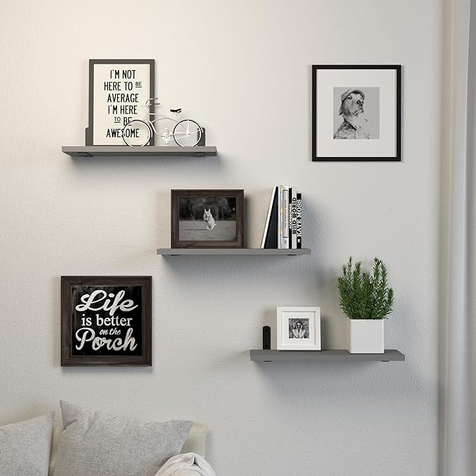 DOLLFIO Floating Shelves, 3 Sets Wall Wooden Shelves for Décor, Mounted Bathroom Shelf Storage, Book Wall, Bedroom, Living Room – Grey, HM02