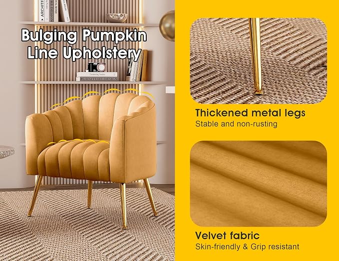 Dewhut Oversized Pumpkin Couch Accent Chair, Modern Comfy Velvet Upholstered Barrel Chairs, Luxury Single Sofa Armchair for Living Room, Waiting Room, Office and Vanity, (Mustard)