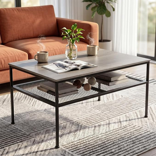SENIG 2-Tier Coffee Table 35.4" with Iron-Mesh Storage Shelf, Grey Oak | Industrial Wood and Metal Center Table for Home Office Kitchen 35.4" L x 23.6" W