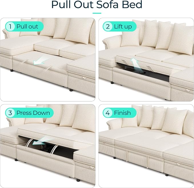 LINSY HOME Oversized Sectional Sleeper Sofa with Pull Out Couch Bed (Beige, 118.5'') | USB Charging