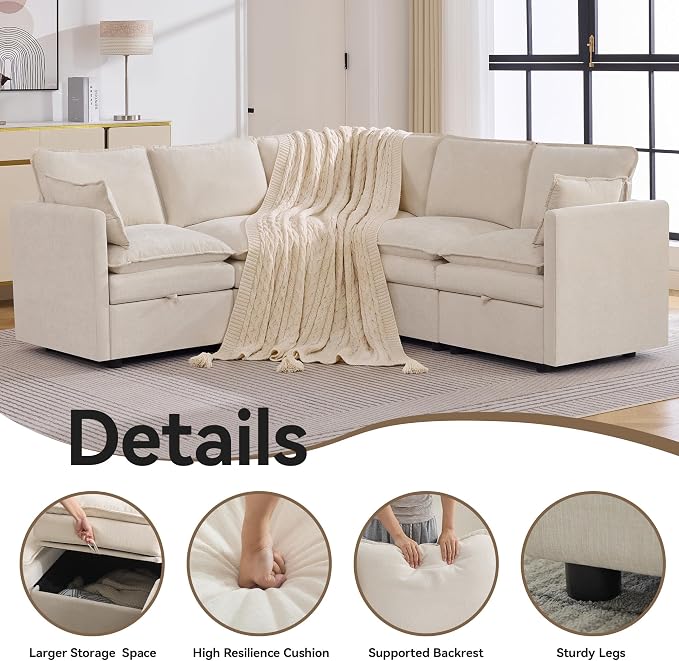 80" Beige Modular Storage Sofa, V Shaped Chenille Cloud Couch with Armrest | Oversized Convertible Sectional Sofa, 5-Seat Sectional Couch With Armrests, Large Cloud Couch For Living Room, Apartment.