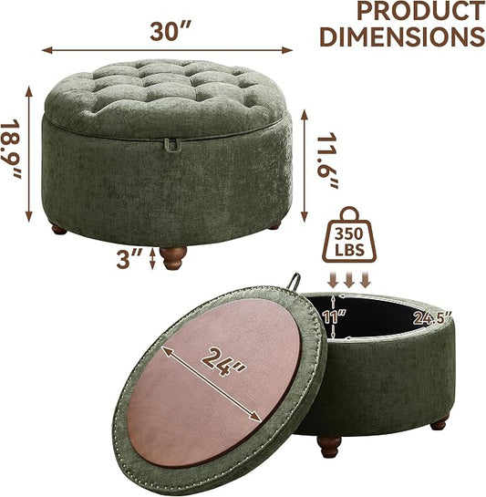 WUTUTUEE 30Inch Round Storage Ottoman with Tray, Modern Tufted Circle Coffee Table with Storage, Upholstered Ottoman with Removable Top for Living Room, Bedroom, Chenille Green