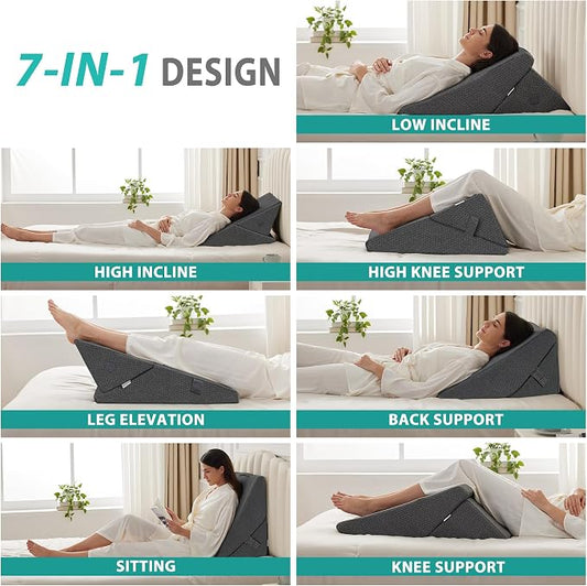 Wedge Pillow for Sleeping, Adjustable 9&12 Inch Foldable Bed Wedge Pillow Set, Orthopedic Memory Foam Triangle Pillows Wedge, 7-in-1 Elevated Pillows for Leg and Back Support, Dark Grey