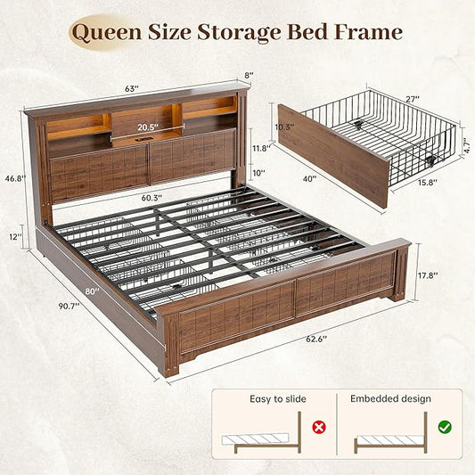 EnHomee Queen Bed Frame with 4 Storage Drawers and Headboard,LED Lights & Charging Ports,Wooden,No Box Spring Needed for Apartment,Heavy-Duty Structure,Noise-Free,Brown