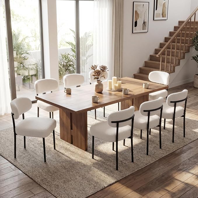 Dining Chairs, White Boucle, 8 Pack | Kitchen Dining Room, Curved Backrest, Comfortable Upholstered, Mid Century Modern