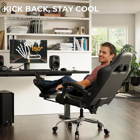 Dowinx Gaming Chair with Footrest, 330lbs Computer Chair 2D Lift Linkage Armrest, Massage Lumbar, Height Adjustable Ergonomic Comfy Video Game Chairs for Home Office Streaming, Long Gaming, Black