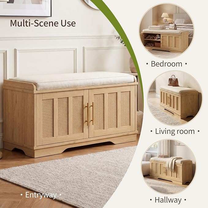 Heybly Shoe Cabinet with Bench, Rattan Entryway Storage Bench with Cushion, Shoe Storage Bench Cabinet with 2 Doors, Adjustable Shelves, Wooden Shoe Bench 31.5" for Living Room Bedroom Hallway HSB001N