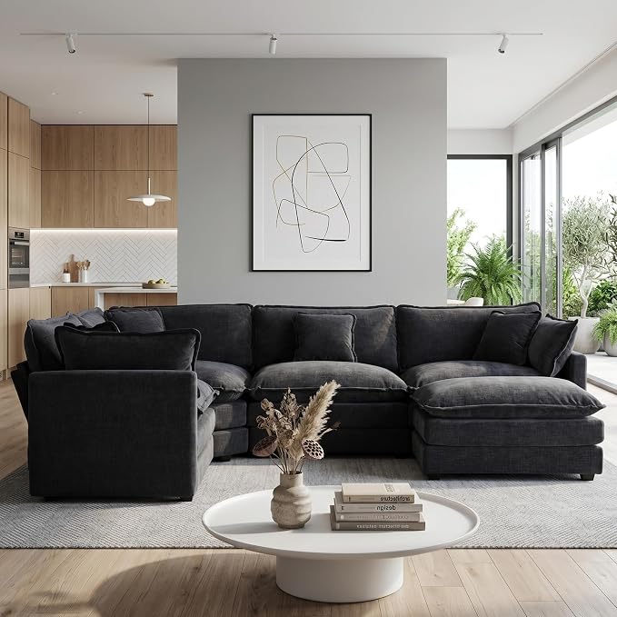 Oversized Modular Sectional Cloud Sofa: 114" V-Shaped Modular Cloud Couch, 5 Seater Comfy Couch with Ottomans and Pillows, Chenille Deep Seat Couch for Living Room,Bedroom,Apartment,Large Space, Black
