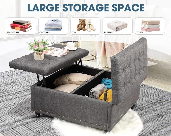 36" Large Square Ottoman with Storage, Tufted Upholstered Storage Ottoman with Lift Top & Solid Legs for Bedroom Room, Extra Large Coffee Tables Bench for Living Room as Footstool (Grey)