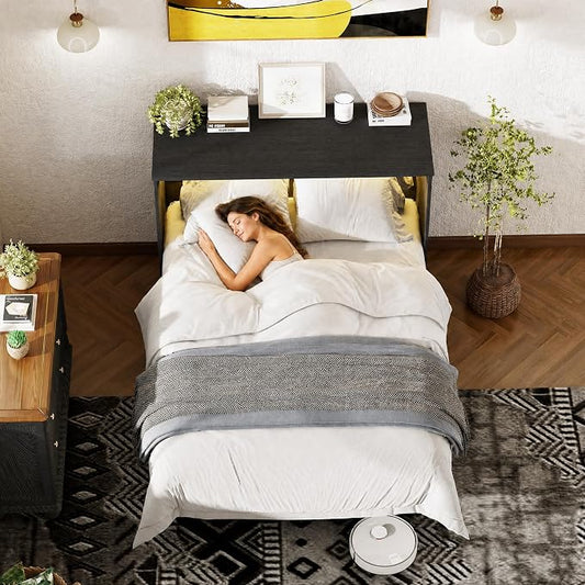 Ihanherry Full Murphy Bed with Storage Drawer, Farmhouse Cabinet Bed with LED Lights & Charging Station, Space Saving Wall Bed for Small Bedroom/Home Office, Noise Free & Easy Assembly, Rustic Black