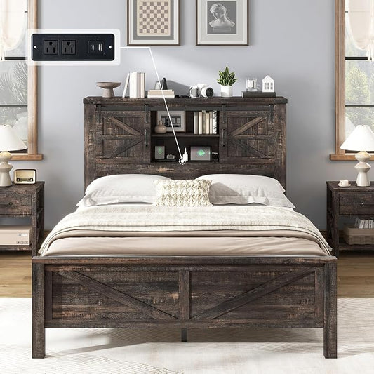 AMERLIFE 4 Pieces Farmhouse Bedroom Set, Includes Full Size Bookcase Headboard Bed Frame, 5 Drawer Tall Dresser, 47'' Dresser with 4 Drawers, 60" Dresser with 4 Drawers, Black Oak