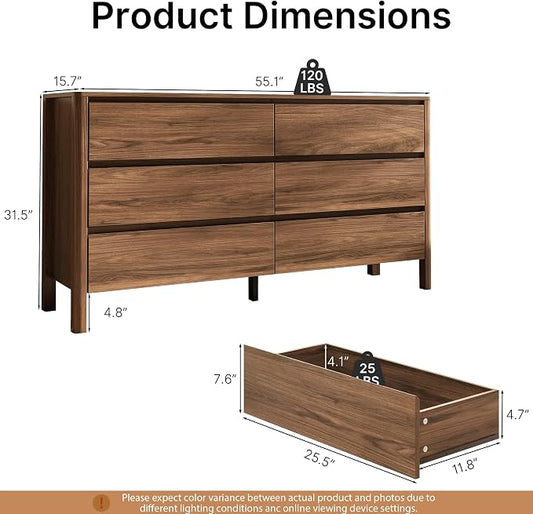 MAISONARIA Walnut 3-Piece Dresser Bedroom Set, 6 Drawers Dresser & 3 Drawer Nightstands with Hidden Handles, Wood Chest of Drawers for Bedroom, Living Room, Entryway