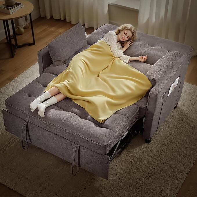 Convertible Sofa Bed, 3 in 1 Pull Out Couch, Loveseat Sleeper with Side Pocket, Sleeper Sofa with Adjustable Backrest | USB Charging Port | Two Pillows | Fabric | Light Grey