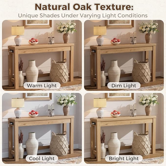 Cyclysio 47" Console Table with Charging Station, 13.8" Deep Farmhouse Sofa Table Behind Couch with 2 AC Outlets & 3 USB Ports, Entryway TV Console or Compact Home Office Desk, Natural Oak