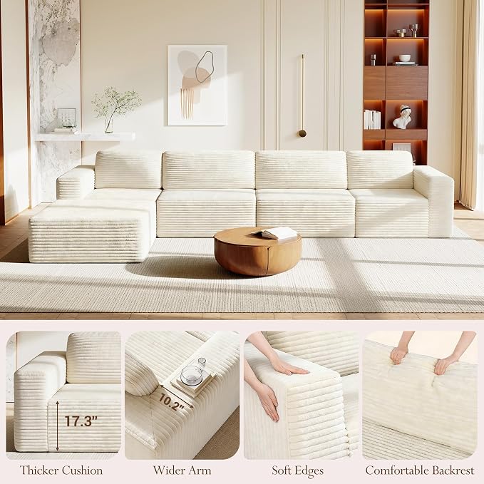 Vesgantti 159" Large Modular Sectional Sofa, L-Shaped Corduroy Cloud Couch with Deep Seats & Spring Support, 4-Seater Boneless Sofa with Movable Ottoman, No Assembly Needed, Beige
