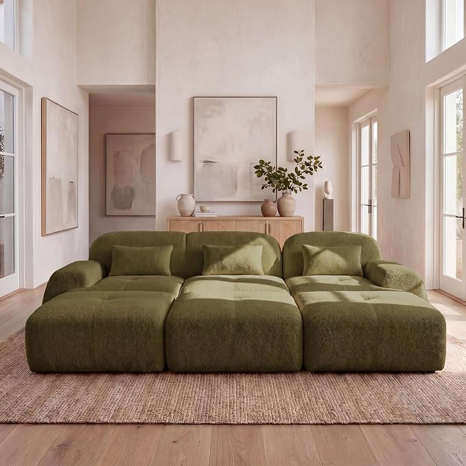 118'' Modular Sectional Cloud Couch Boneless Couches, Oversize Curved Sectional Couches for Living Room, Deep Seat Couch Lambswool Sofa with Ottoman & Throw Pillows, No Assembly, HR Foam