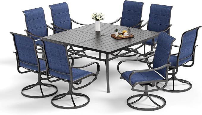 MFSTUDIO Patio Dining Set for 8, Outdoor Dining Set with Umbrella Hole, 9 Piece Outdoor Patio Furniture Set for Deck/Backyard/Poolside/Garden