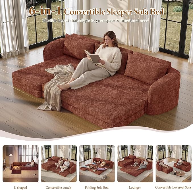 Vesgantti 110.2" Modular Sectional Sofa with Curved Armrest, 6 in 1 Convertible Folding Sleeper Sofa Bed, Chenille Boneless Couch for Living Room, No Assembly Required, Orange, Left Facing Chaise