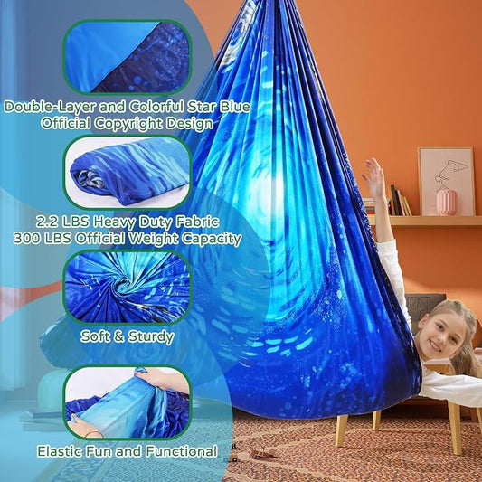 Sensory Swing for Kids and Adults Indoor & Outdoor Double Layer Therapy Cuddle Holds up to 300lbs Adjustable Hammock Chair with 360° Swivel Hanger Kit Effect for Aspergers Autism ADHD(Ocean Blue)