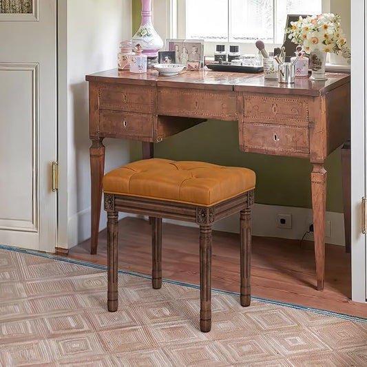 LUE BONA Upholstered Fabric Vanity Bench Seat, Makeup Stools for Vanity, Square Tufted Ottoman Bench with Carved Dark Brown Color Legs for Bedroom Living Room, Whiskey Brown