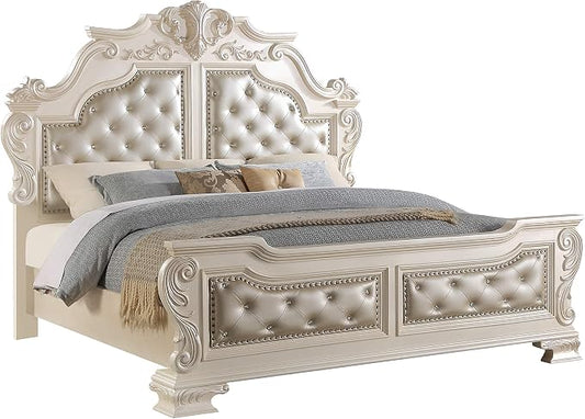 First of a Kind Victoria Off White Traditional 5 Piece King Bedroom Set with Upholstered Tufted Headboard Elegant European Inspired Design Coordinated Furniture Collection